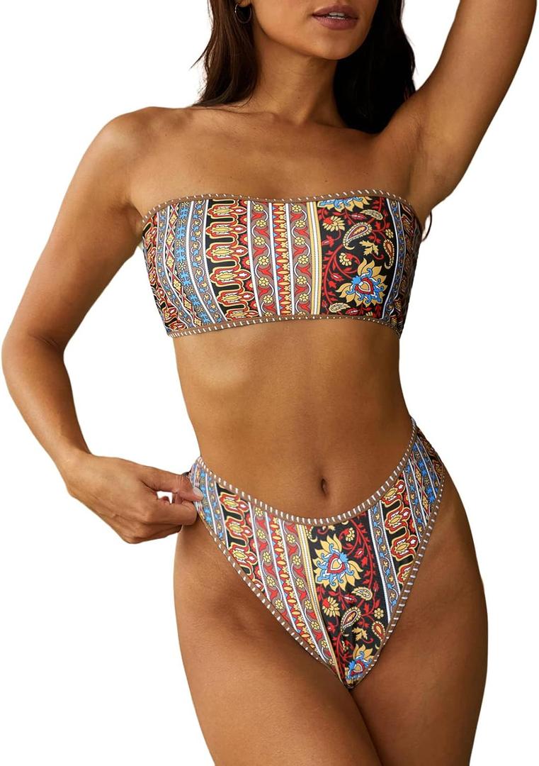 ZAFUL Women Strapless Wave Bandeau Bikini 2 Piece Swimwear Cheeky Solid Lace up Bathing Suits, M