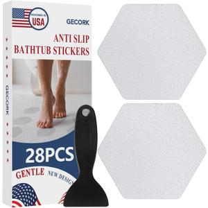 28 PCS Shower Floor Non Slip Stickers with Strong Adhesive, Invisible & Durable Anti Slip Shower Stickers with Scraper for Bath Tub, Pools and Stairs(Clear,Hexagon)