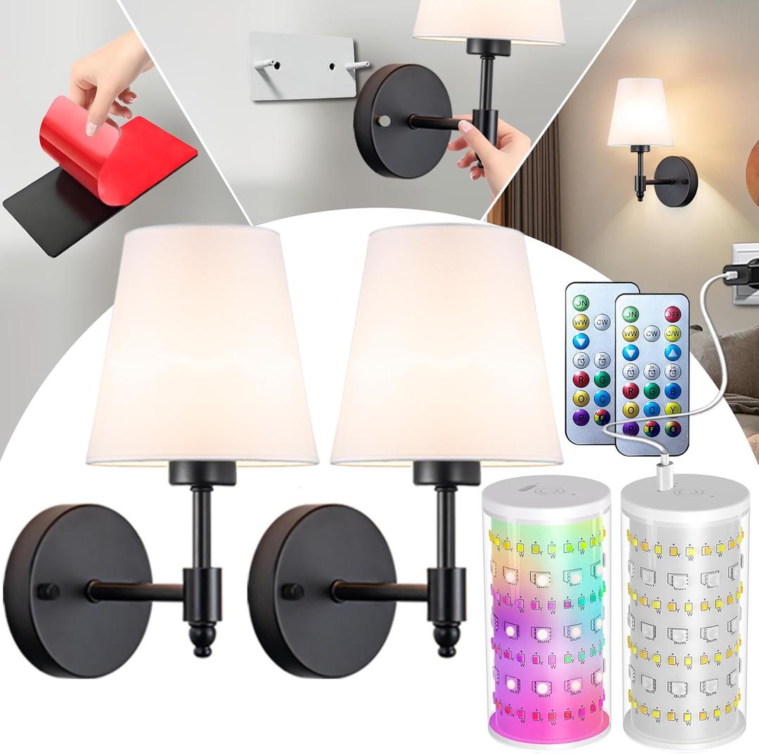 Peel and Stick Wall Sconces, Stick On Wall Sconce Set of 2, Battery Operated Wireless Wall Light, No Drill Adhesive Wall Lamp, Corn Bulb with 10000mAh Rechargeable Battery, Bedroom Wall Decor (11.8inch, Black)