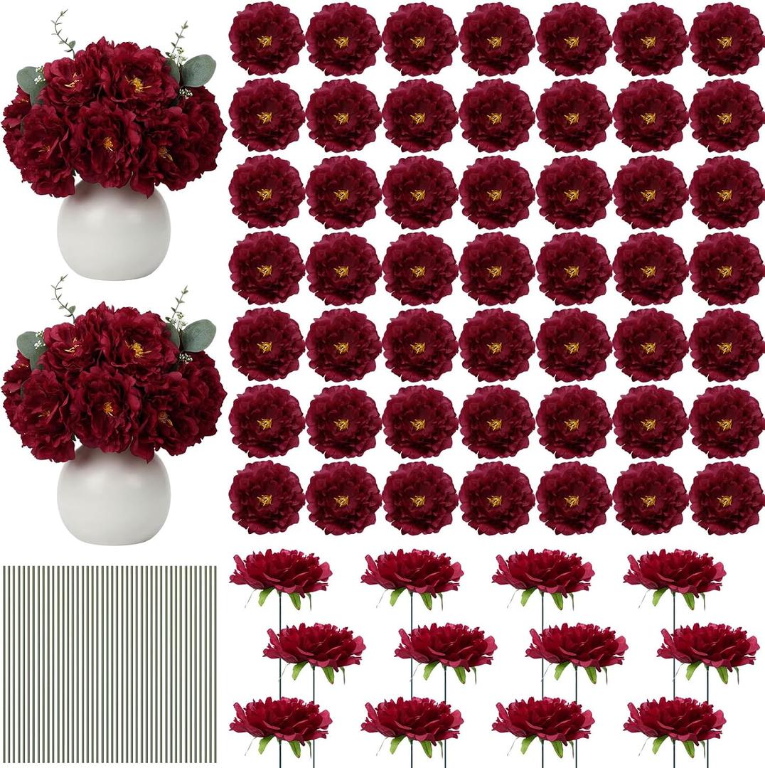Suncalla 50 Pcs 5.5 Inches Peonies Artificial Flowers with Wire Branch Silk Realistic Blooming Fake Peonies Rose Bouquets for Wedding Table Centerpiece DIY Craft Party Home Decor (Burgundy)