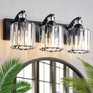 3-Light Black Bathroom Light Fixture Modern Vanity Lights Over Mirror Vintage Wall Sconce Lighting for Bathroom, Bedroom, Living Room, Hallway E26 Base with Crystal Bathroom Vanity Light