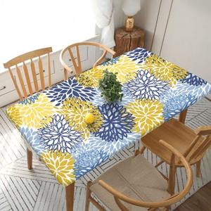 Fiokroo Blue Yellow and Navy Chrysanthemum Flowers Tablecloth with Elastic Edge for 5ft Rectangle Table Cloth Washable Table Cover for Kitchen Dining Party Outdoor Picnic Decoration, 60" L X 30" W