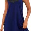 Women's Cami Nightgown, Floral Print & Solid Color Sleep Dress, Lace - Trimmed Spaghetti Strap Nightwear Navy Blue Medium