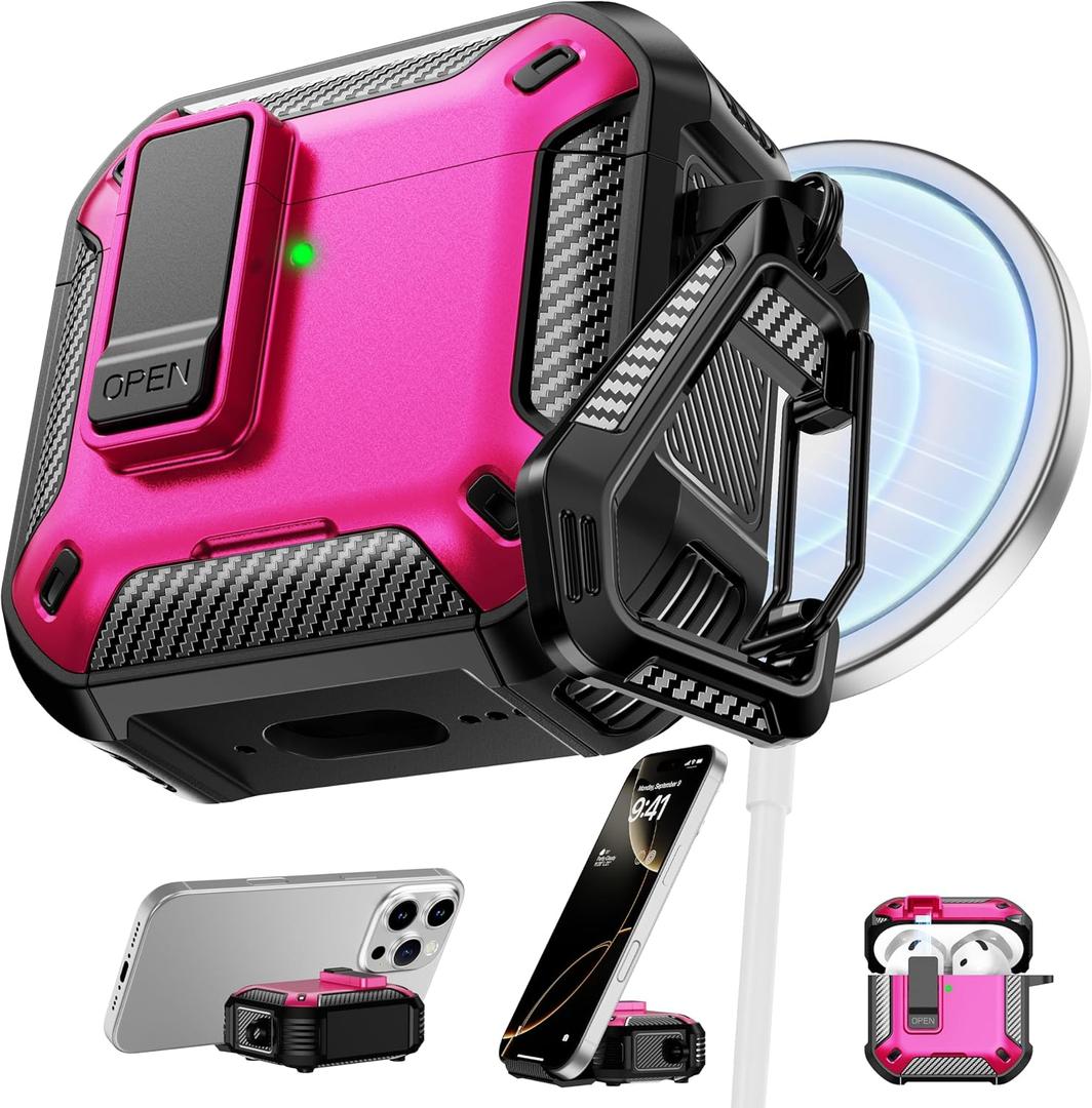 RFUNGUANGO Compatible with AirPods 4 Case,Magnetic Automatic Lock with Phone Holder & Cleaning Kit,Compatible with Magsafe, Back Magnetic Charging, Black-Rose Red