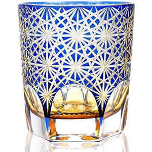 SANMENMO Handmade Edo Tokyo Kiriko Whiskey Glass, Double-Layer Colored Cut Glass, Crystal Glass Tumbler, Japanese Giftware for Cocktail, and Rum Lovers-1 Cup 8.5 Oz