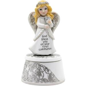 Comfy Hour First Communion Angel Figurine Keepsake Box with Cross Necklace, Christian Catholic Prayer with Chalice, Artisan Crafted Resin Religious Statue for Baptism & Holy Communion
