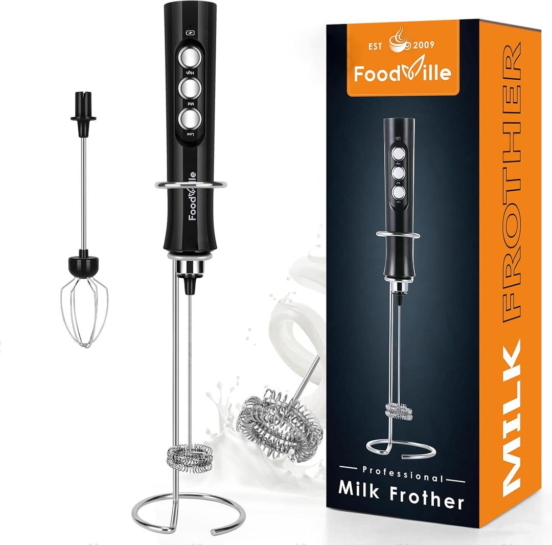 MF02 Rechargeable Milk Frother Handheld Foam Maker with Stainless Whisk for Cappuccino, Latte, Bulletproof Coffee, Keto Diet, Protein Powder, Matcha (Black)