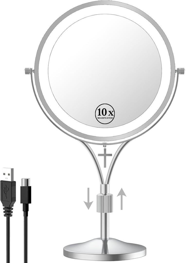 1x/10x Magnifying Mirror with 3 Color Lights and Cross Dangle Charm, 7" Lighted Makeup Mirror with Magnification, Height Adjustable Vanity Mirror, Birthday Christian Gifts for Women, Chrome