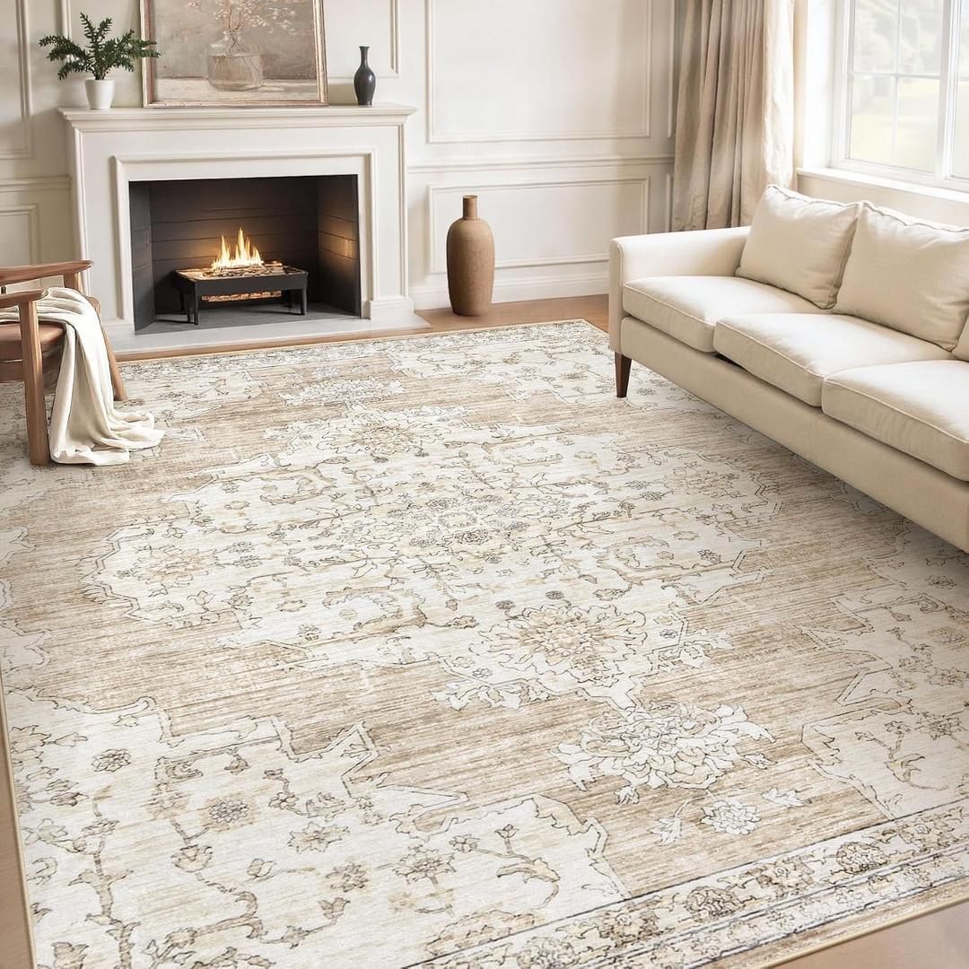 8x10 Area Rugs Washable Rug:Large Vintage Living Room Rugs with Non-Slip Backing Low Pile Rug Soft Indoor Floor Thin Carpet Non Shedding Neutral Carpets for Bedroom Dining Room Farmhouse Nursery Beige