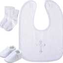 Hicarer 5 Pcs Baptism Gifts for Boys Girls Including White Embroidered Cross Bib Christening Shoes and Socks for Baby Infant