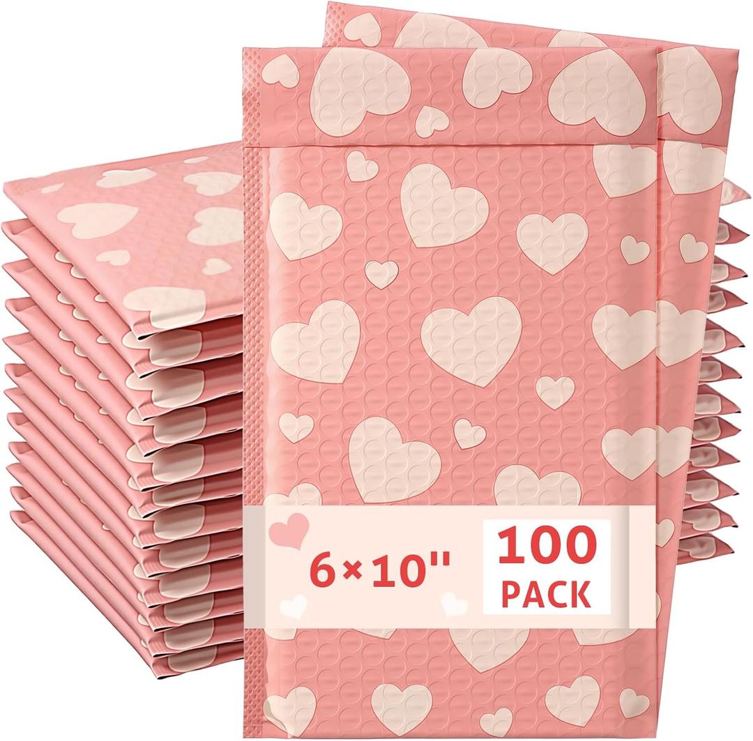 Tinlade 100 Pack Pink Bubble Mailers 6x10" Pink Heart Padded Envelopes Usable Size 6x9" Peel and Seal Waterproof Poly Mailers for Packaging, Shipping, Small Business, Boutique