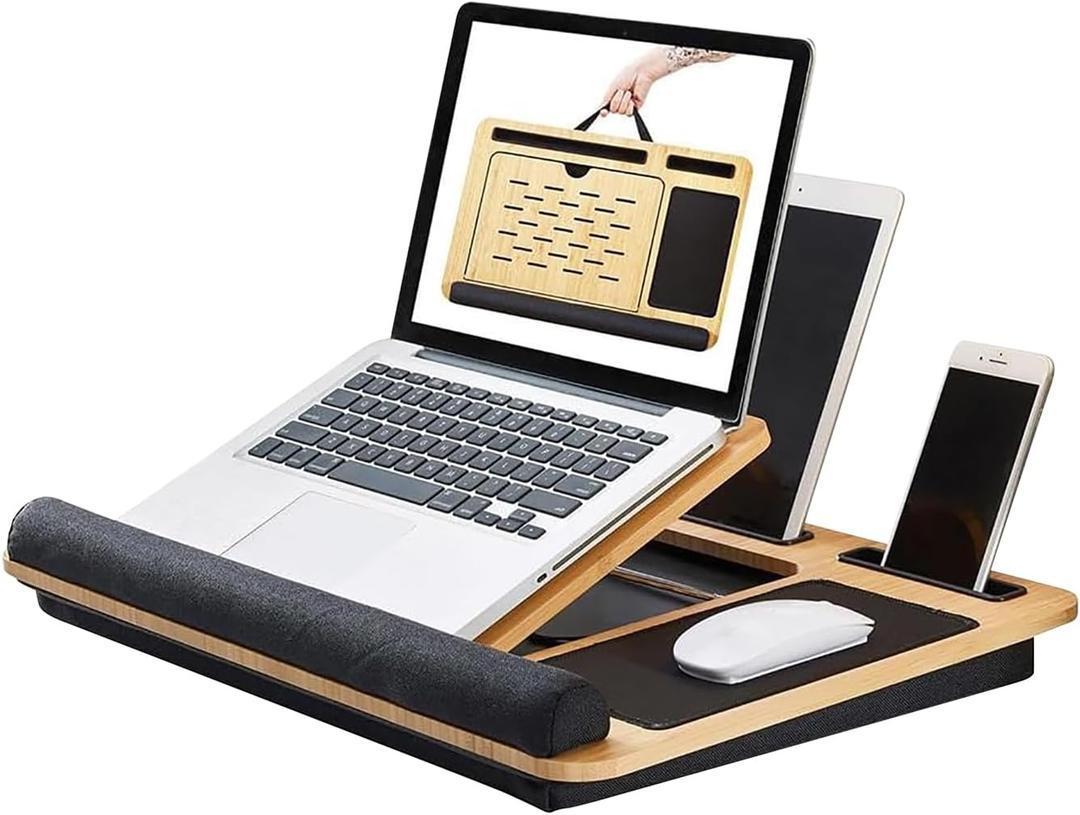 Foldable Wooden Laptop Stand for Desk – Adjustable & Portable Lapdesk with Cushion – Ergonomic Wood Laptop Riser with Storage Shelf for Home, Office & Travel – Fits Up to 16-Inch Laptops