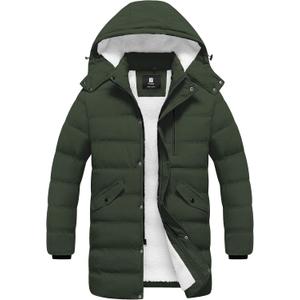 Pursky Men's Long Winter Coat Warm Sherpa Lined Quilted Puffer Jacket Waterproof Thicken Puffy Parka with Hood (Large, Army Green)
