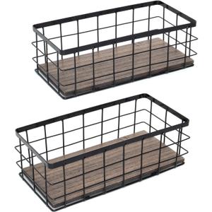 ROSE BLOOM Small Metal Wire Storage Basket, Decorative Wood Base Organizer Bins for Bathroom, Kitchen, Laundry Room, Pantry, Basket for Toilet Paper, Fruits, Spices (2 Pack) (Black - Large)
