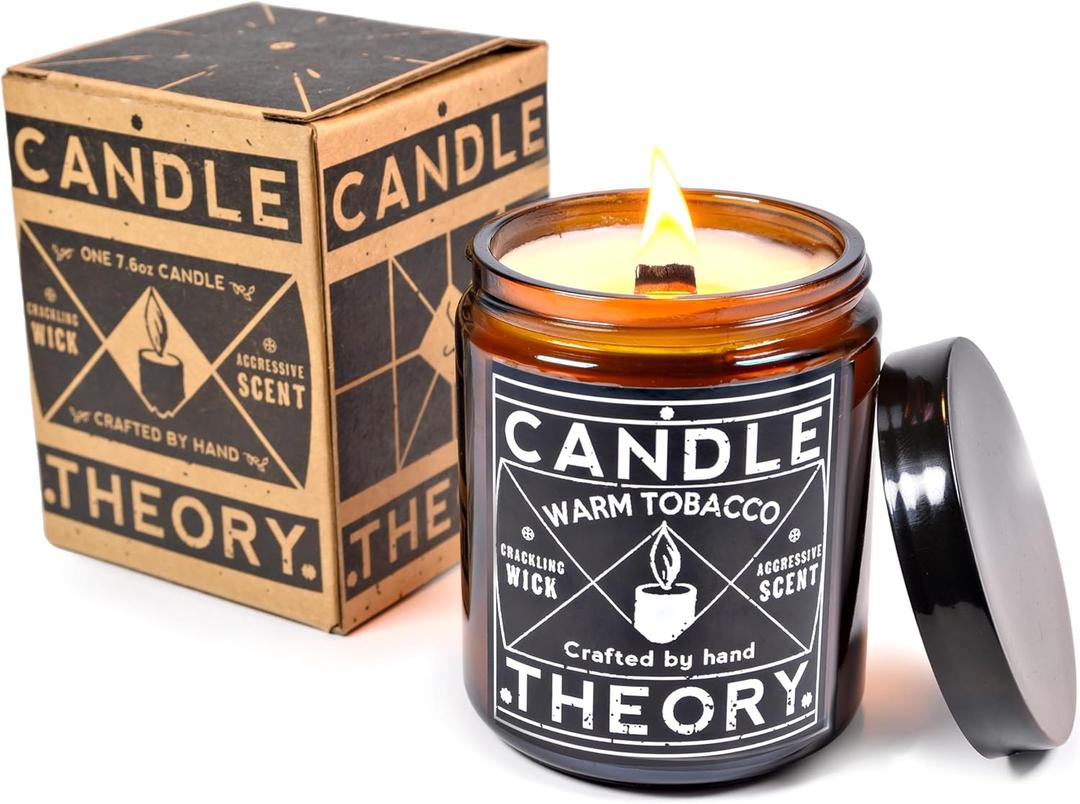 Candle Theory Warm Tobacco Scented Candle for Men 7.6 Ounce, Crackling Woodwick Manly Gift Home Bedroom
