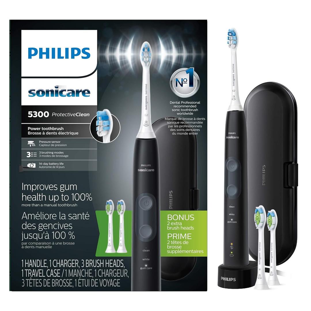 Philips Sonicare ProtectiveClean 5300 Rechargeable Electric Toothbrush, with Pressure Sensor, 3 Cleaning Modes, SmarTimer and QuadPacer, with 2 Bonus Brush Heads, Travel Case, Black, Model HX6423/34 Philips Sonicare ProtectiveClean 5300 Rechargeable Electric Toothbrush, with Pressure Sensor, 3 Cleaning Modes, SmarTimer and QuadPacer, with 2 Bonus Brush Heads, Travel Case, Black, Model HX6423/34