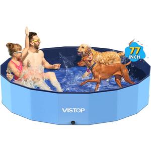 VISTOP Jumbo Foldable Dog Pool, Hard Plastic Shell Portable Swimming Pool for Dogs Cats and Kids Pet Puppy Bathing Tub Collapsible Kiddie Pool (77inch.D x 15.7inch.H, Blue)