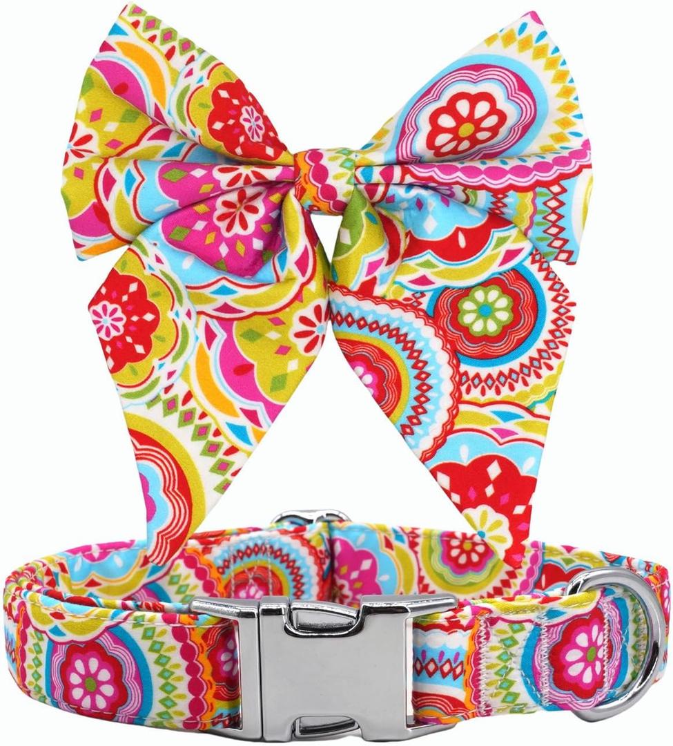 Dog Collar and Bow Tie for Girls Floral Collar Trendy Sailor Bowtie Collar New Puppy Gift (M)