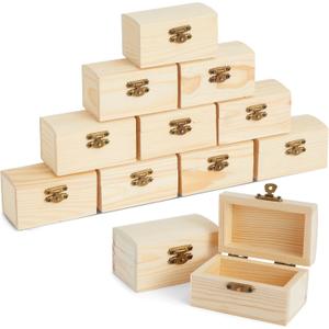Bright Creations Baby Shower Decorations Mini Unfinished Wooden Treasure Boxes - 3.5 x 2.2 x 2 In, Brown, Pack of 12, Chest Style - Wooden Treasure Chest to Paint & Party Favors