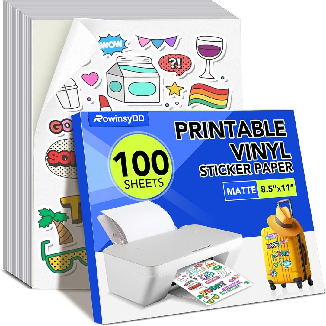 100 PCS Printable Vinyl Sticker Paper for inkjet printer & Laser Printer, Standard Letter Size 8.5"x11", Waterproof Sticker Paper Dries Quickly Vivid Colors, Matte White