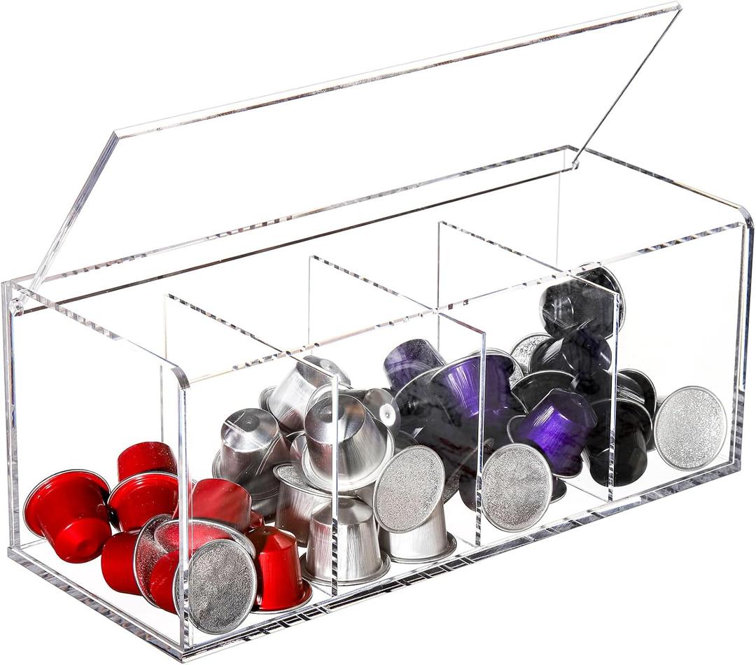 Suwimut Acrylic Coffee Pod Holder with Lid, 4 Compartments Coffee Capsule Storage Organizer for Tea Bag, Sugar Packets, Clear Acrylic Storage Box for Kitchen Counter
