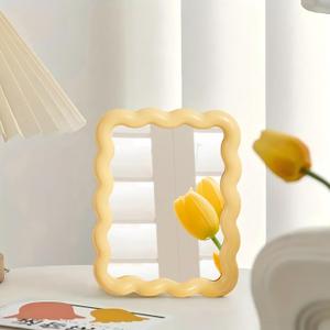 Wave Shaped Table Desk Vanity Makeup Mirror Portable Folding Cute Travel Make Up Mirror for Standing Hanging 6.7X5.3 Inch Home Decoration (Yellow)