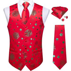 DiBanGu Christmas Men's Suit Vest and Tie Snowflake Waistcoat Necktie Pocket Square Cufflinks Set Festival Party Gifts (Medium, Christmas Red Green)