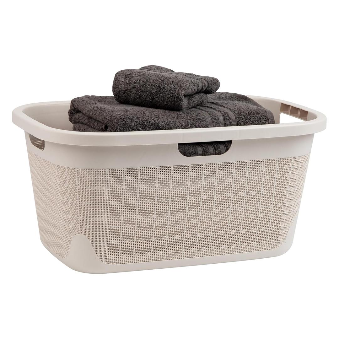 Mind Reader 40L Laundry Basket, Linen Design Clothes Hamper, Plastic Storage Bin with Handles, Ivory