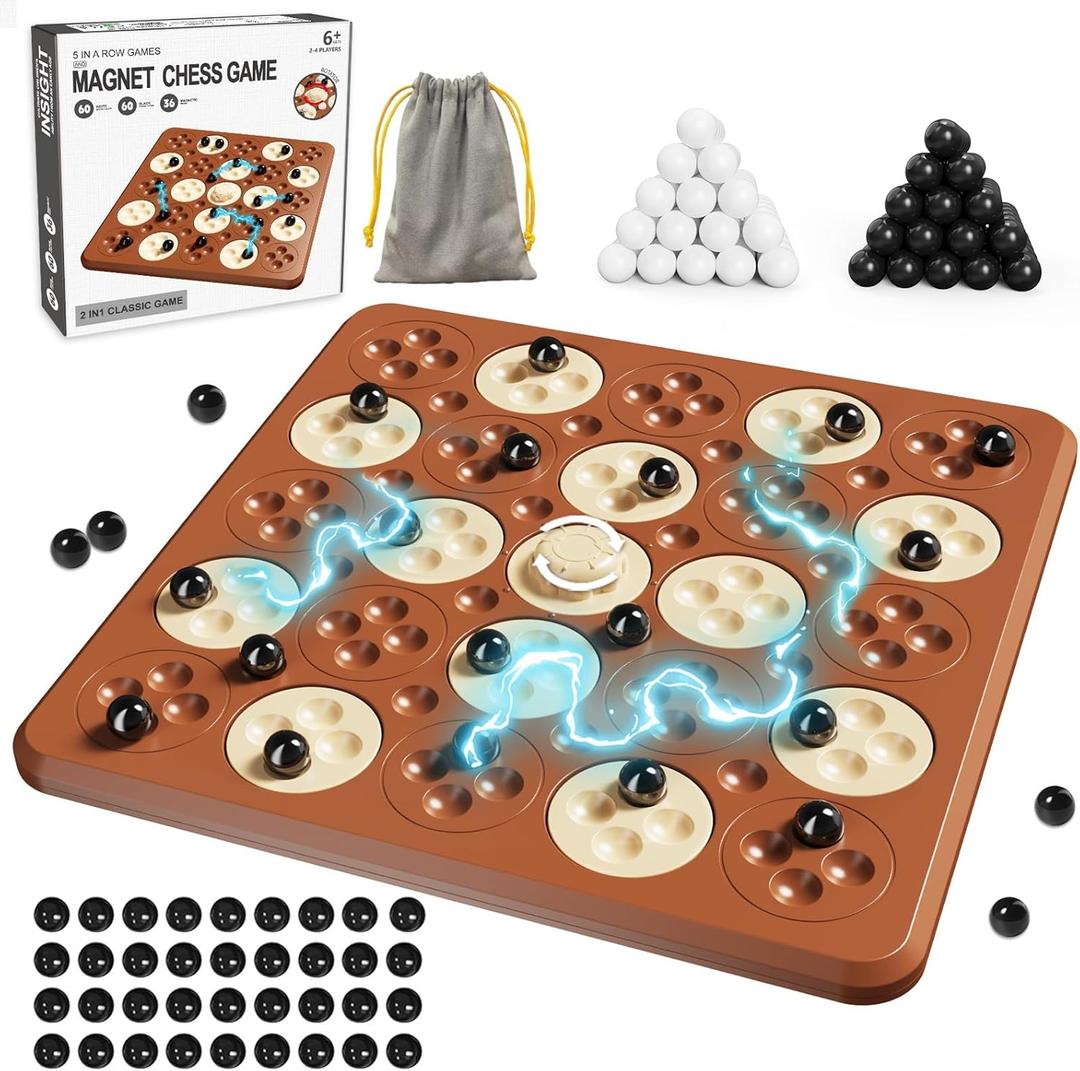 Magnet Chess Game, Magnetic Game Chess for Kids Adults Family Night, 2 in 1 Multiplayer Magnet Game with 36 Pieces & Connect-5-Piece Games, Christmas Family Board Games for Kids and Adults (Brown)
