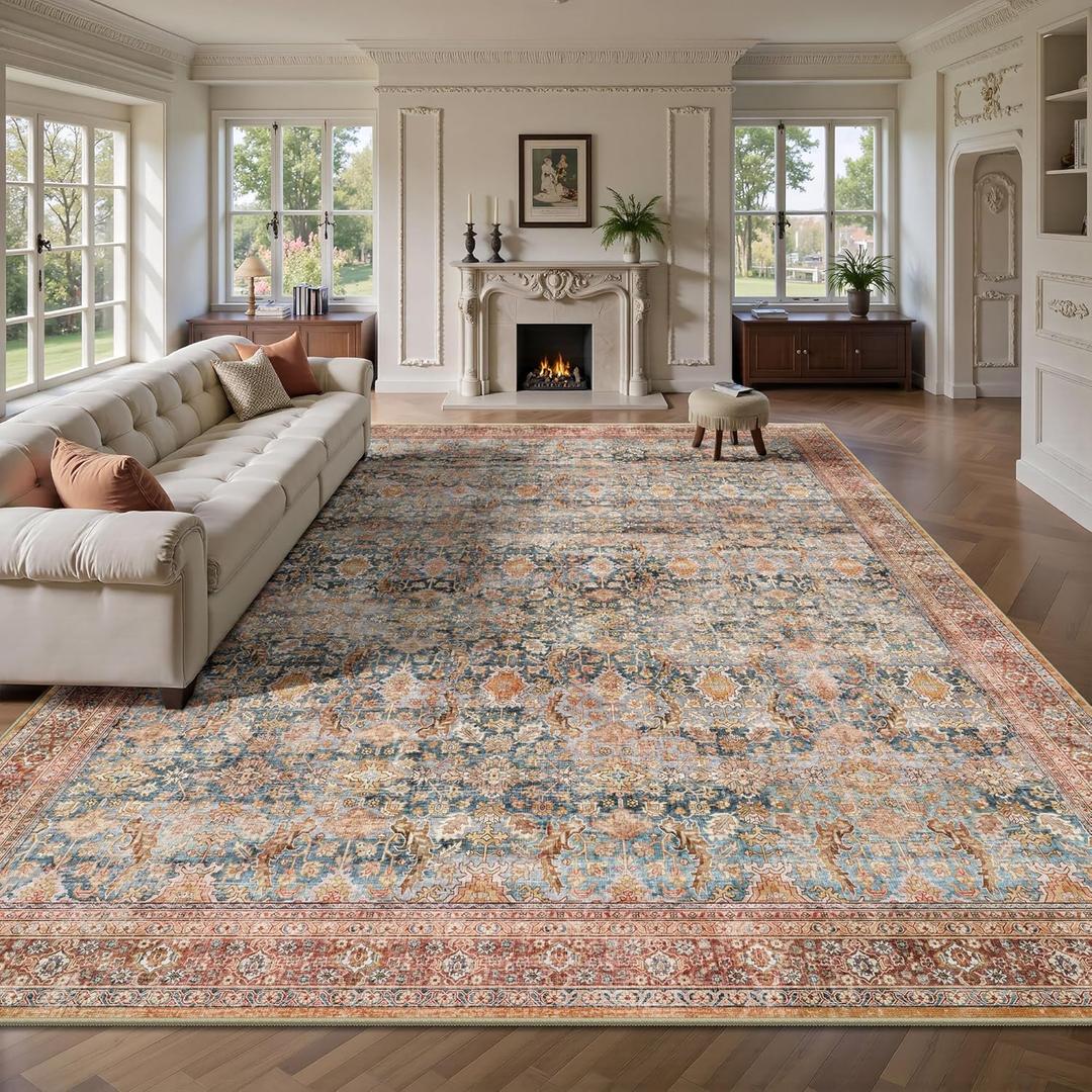 8x10 Area Rugs for Living Room - Washable Vintage Retro Large Rug, Soft Ultra Thin Non Slip Low Pile Traditional Distressed Boho Carpet for Bedroom Dining Room Home Office, Rust Clay