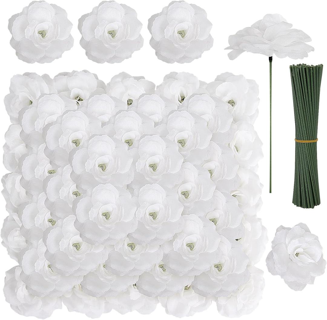 LELEE 108pcs White Roses Head Flowers with Stem - Artificial Flowers Rose Bulk - Silk Rose Fake Flower for Wedding Bouquet Party Home Decor DIY Baby Shower Centerpieces Tables Decoration