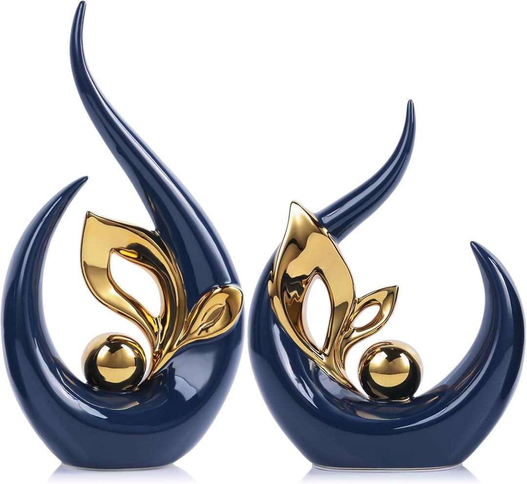9.4" H Blue Gold Abstract Sculptures Home Decor, Ceramic Art Statue Cool Stuff to Put on Shelves&tv Stand Decor, Gold Accent Entertainment Center, for Fireplace Coffee Table Dining Table Decorate