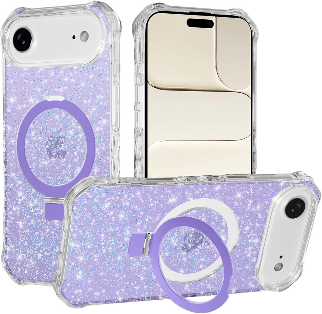 Magnetic for iPhone Air Case with Invisible Stand, Compatible with MagSafe, Clear Bling Sparkle Shockproof Slim Anti-Slip Military Drop Protection Hard Phone Case 6.5" Glitter Purple