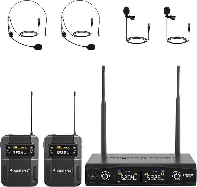 Phenyx Pro UHF Wireless Microphone System w/ 2x30 Tunable Frequencies, Metal Cordless Mic Set, 200 ft Range, 2 Bodypacks & Headsets/Lapel Mics for Speaking, Singing, Church, DJ (PTU522B)