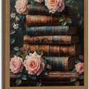 Vintage Framed Wall Art Roses and Books Canvas Prints, Dark Academia Wildflowers Oil Painting, Botanical Book Pictures Artwork for Living Room Bedroom Study Dark Wooden Frame 16x24in