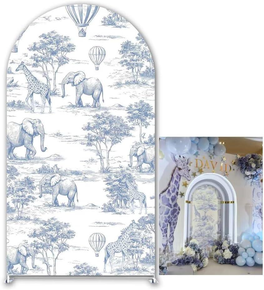 Blue Vintage Toile de Jouy Arched Backdrop Cover Jungle Adventure Spandex Stand Cover Hot Air Balloon Boys 1st Birthday Party Decoration (No Stand!) (4x7.2ft, Kp-g-4262)