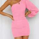 BTFBM Summer Dresses for Women 2026 One Shoulder Long Sleeve Ruched Bodycon Cocktail Party Wedding Guest Dress Spring Outfits (Pink, S)