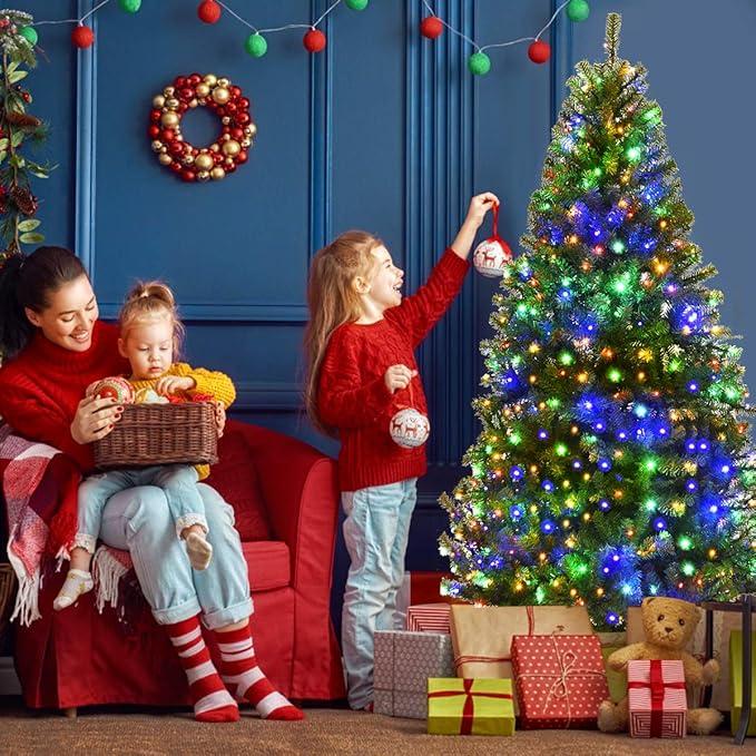 Goplus 6FT Pre-Lit Artificial Christmas Tree Auto-Spread/Close up Branches 11 Flash Modes with Multicolored 350 LED Lights & Metal Stand