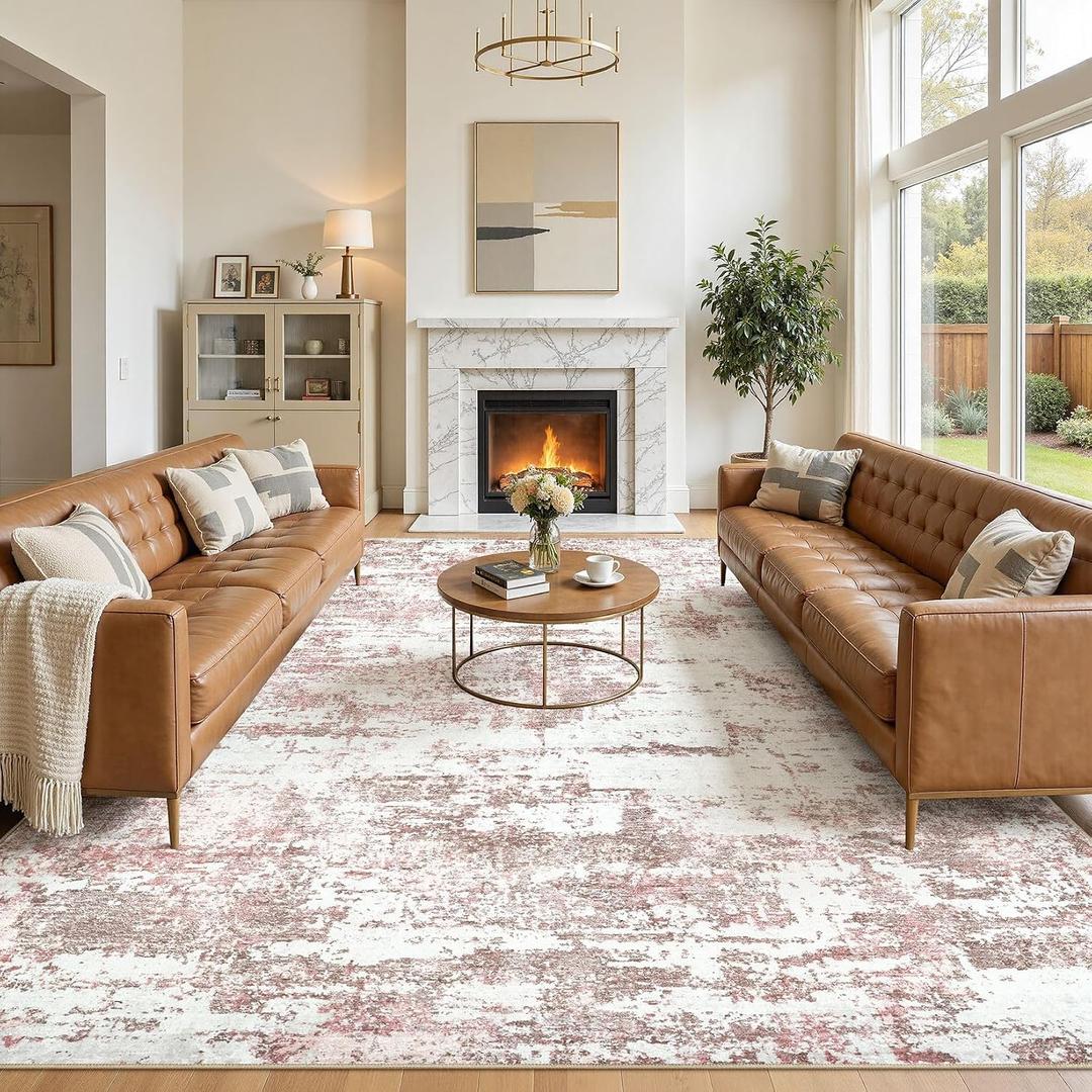 Area Rugs for Living Room: 10x14 Abstract Washable Rug Large Soft Stain Resistant Non-Slip Backing for Bedroom Dining Room Indoor Home Office Carpet for Kids Pet Friendly Families - Pink