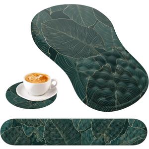 HAOCOO Ergonomic Mouse Pad with Wrist Rest and Keyboard Wrist Rest, 3 PCS Computer Carpal Tunnel Mouse Pads Set for Desk with Coaster, Memory Foam Mousepad Support for Office Laptop, Green Palm Leaves