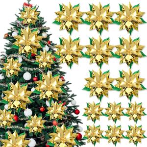 12 Pcs Christmas DIY Poinsettia Artificial Paper Flower Decor for Christmas Tree Ornaments Craft Wall 3D Paper Poinsettia Flower Wreath Decoration for Xmas Holiday Party(Gold)