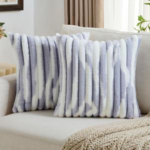 FUTEI Light Purple White Decorative Throw Pillow Covers 20x20 Inch Set of 2,Soft Tie Dye Faux Rabbit Fur Striped Texture Cushion Covers,Modern Home Decor for Couch Bed Living Room