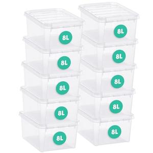SmartStore Classic 10 Clear Plastic Storage Boxes, 8L/8.5QT BPA-Free Stackable and Nestable Container with Secure Lid, Swedish Made Plastic Bins for Organization, L13.39 x W9.84 x H6.3-10 Pack