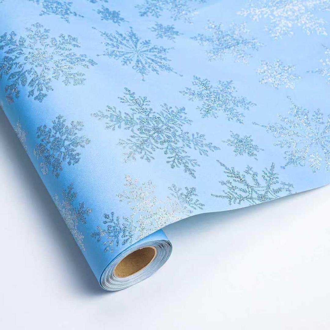 Dlyrroba Reversible Christmas Wrapping Paper Roll - Blue Silver Metallic Foil Gift Wrap with Xmas Trees, Stripes for Holiday Winter (Blue Snowflake, 17 Inch X 100 Feet)
