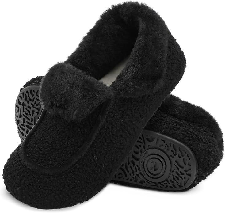 BARERUN Womens Slippers Fuzzy House Shoes with Faux Fur Lining Soft-lightweight House Slippers Socks Moccasin Slippers with Rubber Sole Indoor/Outdoor Size 39, Black