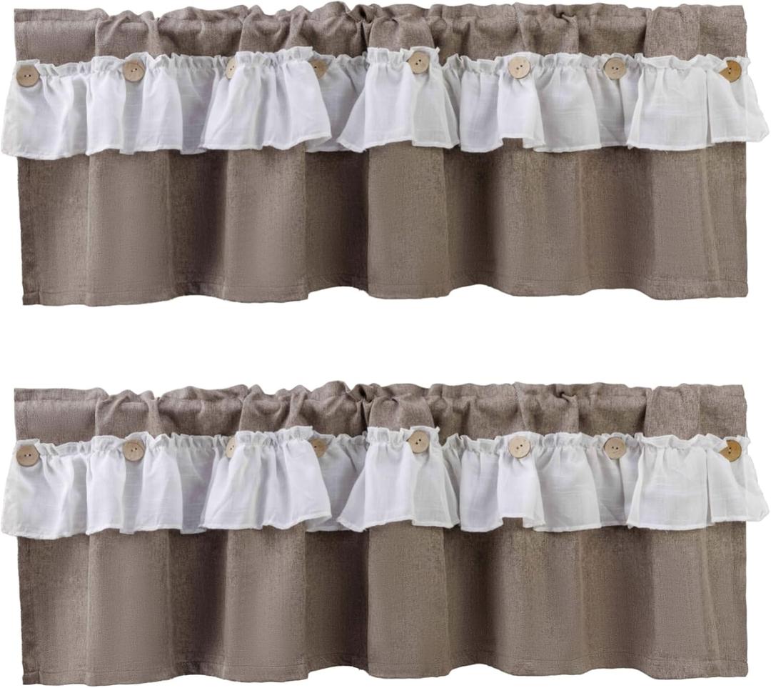 2 Pack Ruffle Burlap Window Valances Ruffled Shabby Chic Kitchen Valances Curtains Farmhouse Rustic Button Window Treatment Decor Rod Pocket Valances for Kitchen/Living Room 16" X 56" (Brown)