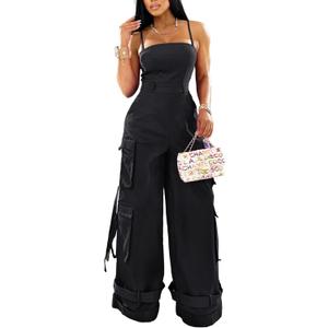 Womens Cargo Jumpsuit Sexy One Piece Outfit Wide Leg Romper Multi Pockets Overalls (Black)