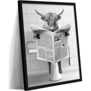 Bathroom Picture Wall Decor, Framed Black and White Bathroom Wall Art, Funny Highland Cow on Toilet Reading Newspaper,Animal Canvas Print Painting 16x12 Inch Ready to Hang