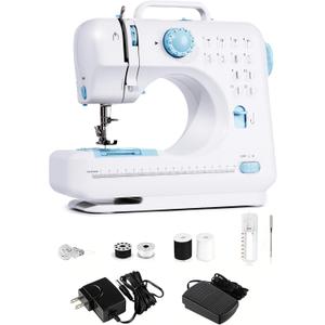 Portable Sewing Machine for Beginners, Mini Electric Sewing Machine with 12 Stitches 2 Speeds Foot Pedal, Dual Power Small Handheld Sewing Machine for Home Travel Easy to Use Blue Maquina de Coser