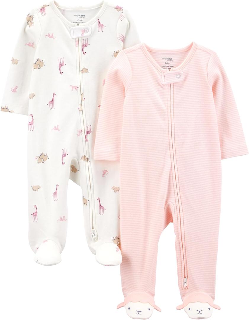 Simple Joys by Carter's Baby Girls' Cotton Footed Sleep and Play, Pack of 2 (Newborn, Pink Giraffe)